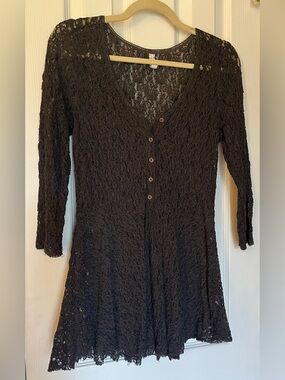 FREE PEOPLE Black Lace V-Neck Button-Front Long Sleeve Tunic/Dress - Size L